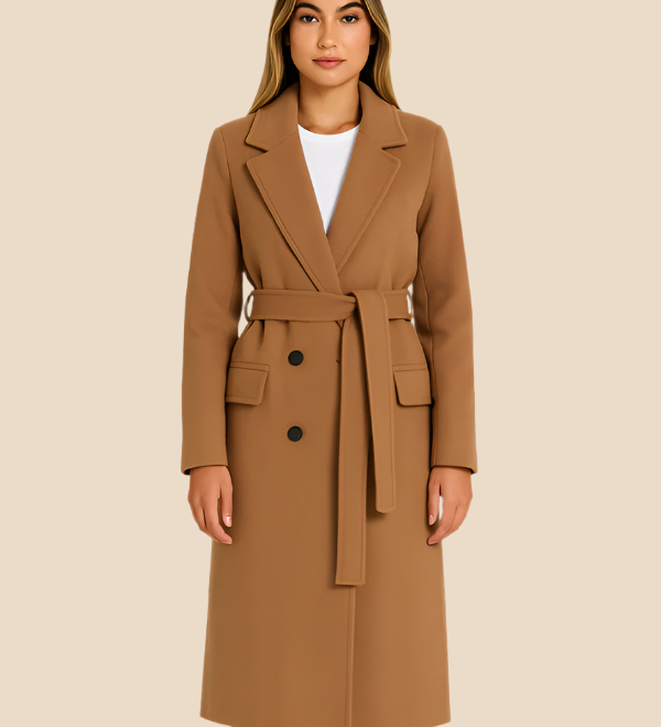 Lang elegant damefrakke i uldlook med bælte og dobbeltradet design