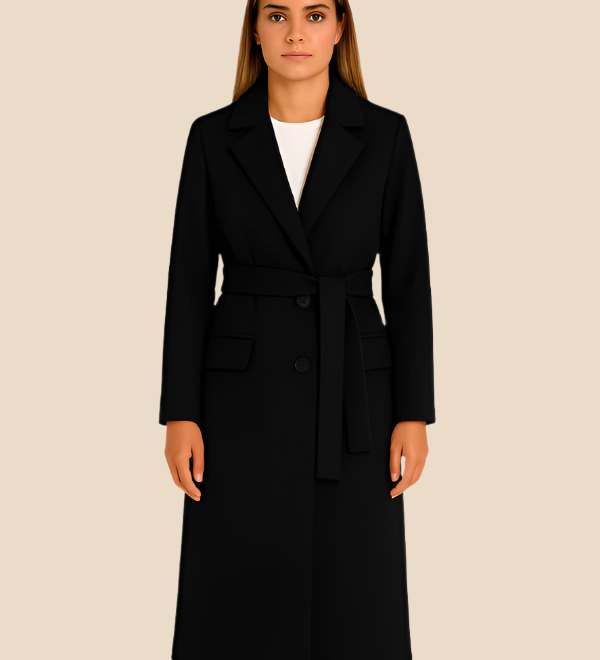 Lang elegant damefrakke i uldlook med bælte og dobbeltradet design