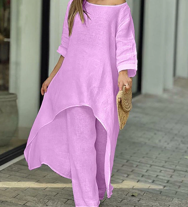Løs asymmetrisk tunika sæt med brede bukser – elegant og komfortabelt