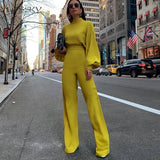 Jumpsuit med Høj Krave, Puffærmer og Vide Ben