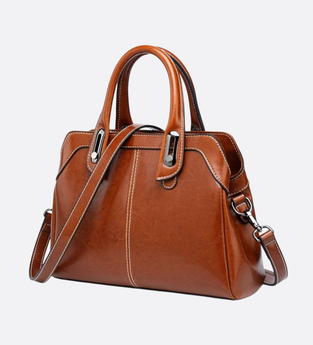 Klassisk cognac håndtaske – Vintage skuldertaske med rem og kontrastsyning