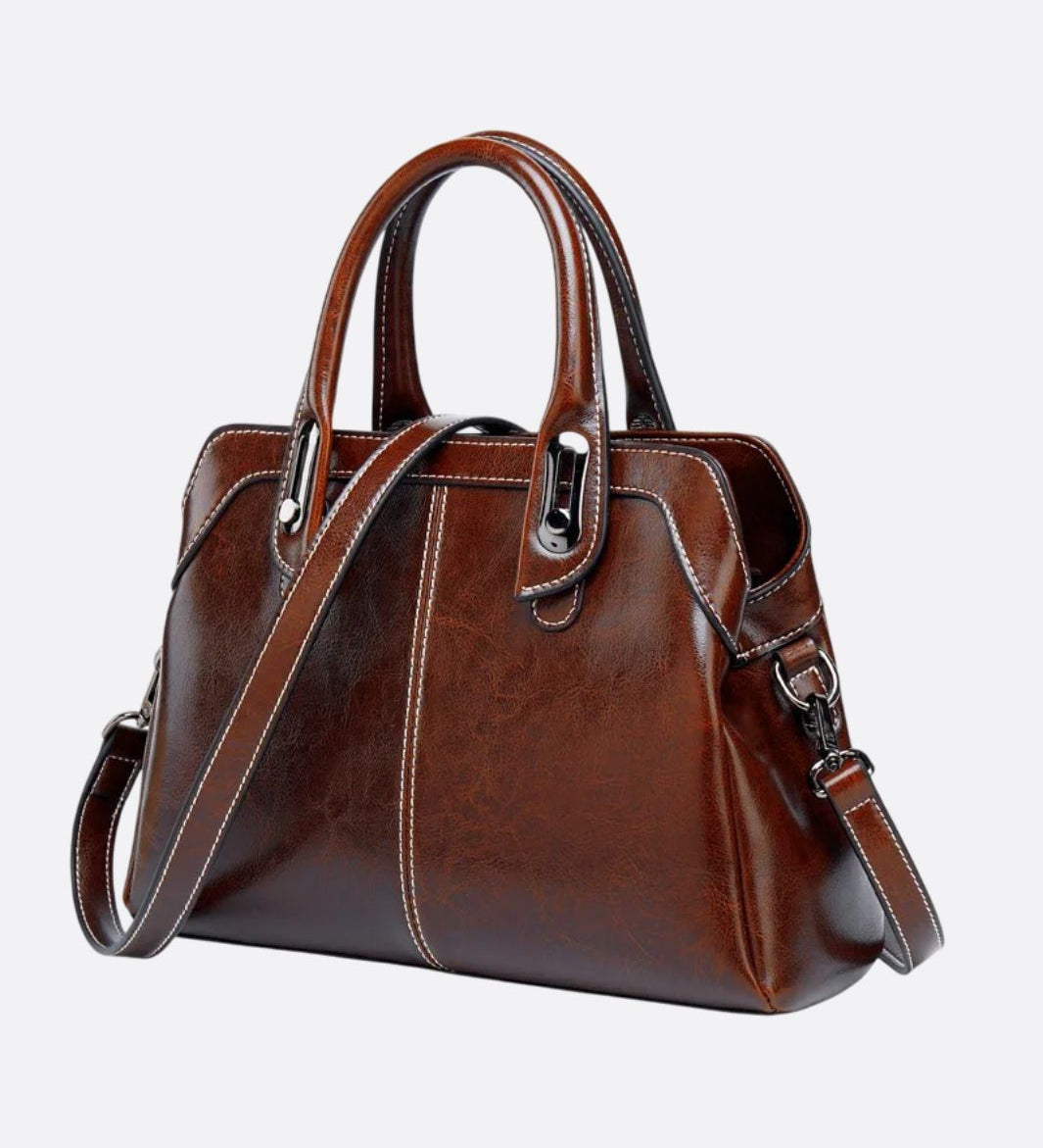 Klassisk cognac håndtaske – Vintage skuldertaske med rem og kontrastsyning