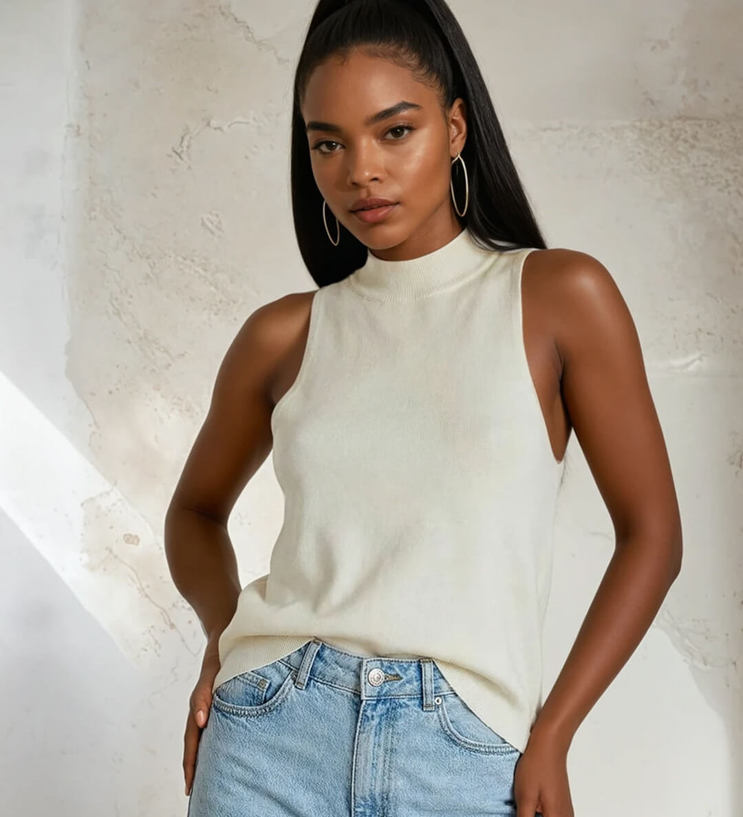 Ærmeløs striktop med høj hals og elegant pasform