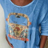Boho Dame Bluse med Retro Bilprint – Afslappet og Unik Stil