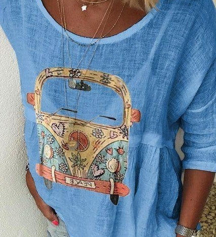 Boho Dame Bluse med Retro Bilprint – Afslappet og Unik Stil