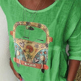 Boho Dame Bluse med Retro Bilprint – Afslappet og Unik Stil