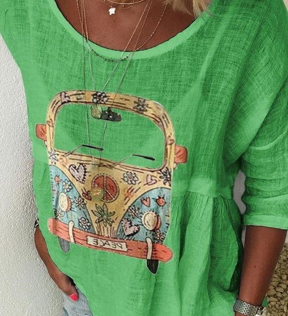 Boho Dame Bluse med Retro Bilprint – Afslappet og Unik Stil