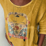 Boho Dame Bluse med Retro Bilprint – Afslappet og Unik Stil