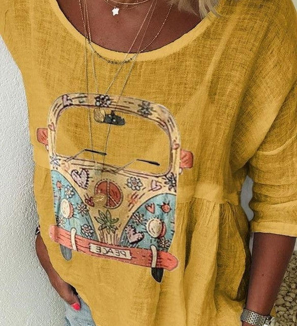 Boho Dame Bluse med Retro Bilprint – Afslappet og Unik Stil