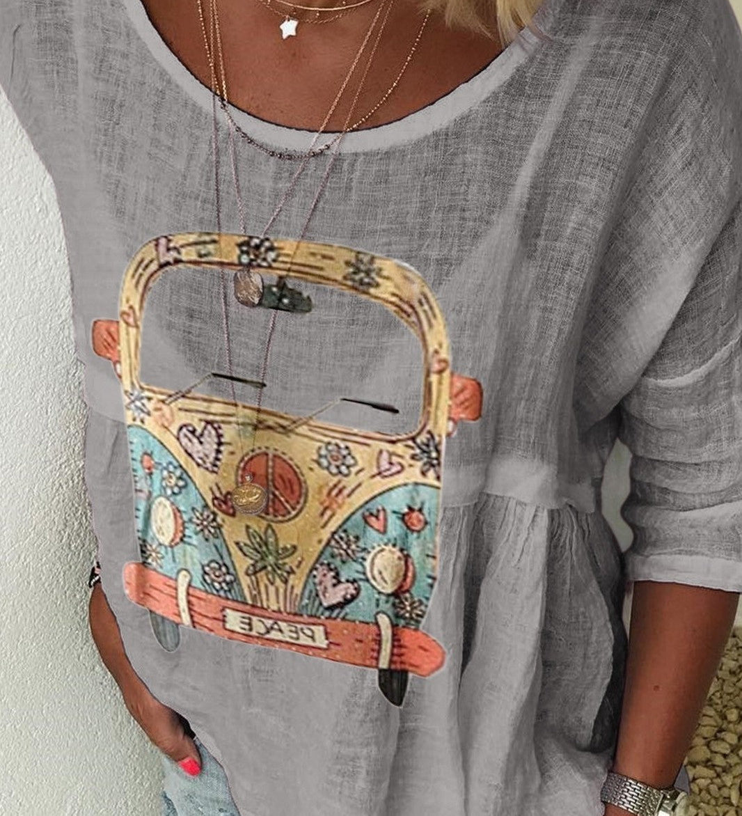Boho Dame Bluse med Retro Bilprint – Afslappet og Unik Stil