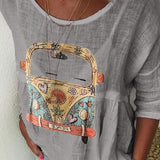 Boho Dame Bluse med Retro Bilprint – Afslappet og Unik Stil