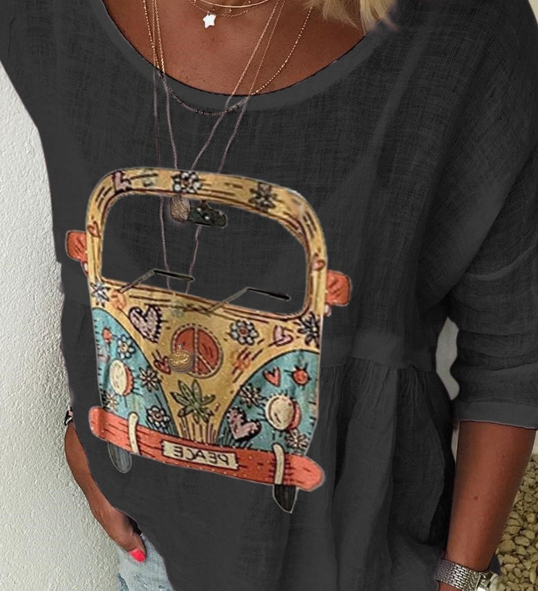Boho Dame Bluse med Retro Bilprint – Afslappet og Unik Stil
