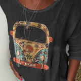 Boho Dame Bluse med Retro Bilprint – Afslappet og Unik Stil