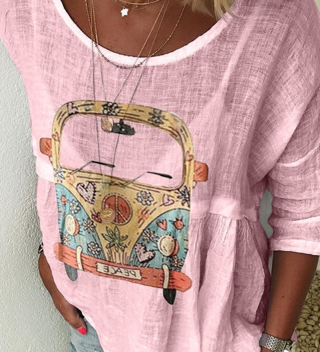 Boho Dame Bluse med Retro Bilprint – Afslappet og Unik Stil