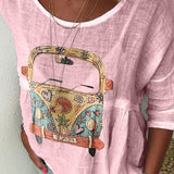 Boho Dame Bluse med Retro Bilprint – Afslappet og Unik Stil