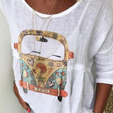Boho Dame Bluse med Retro Bilprint – Afslappet og Unik Stil