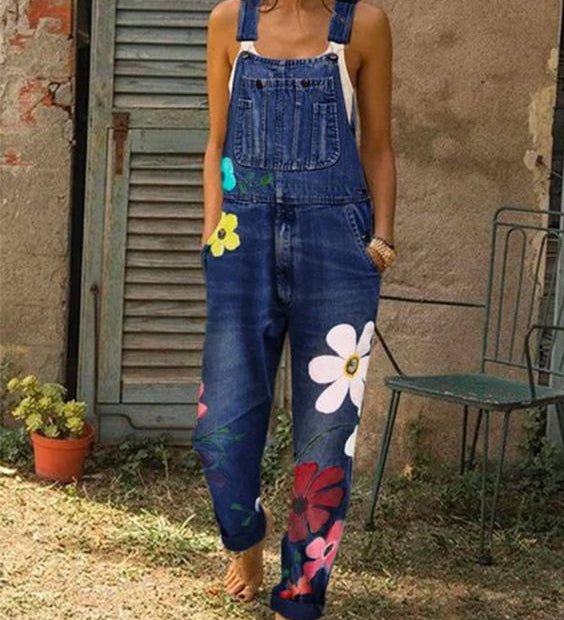 Afslappet denim overalls med blomsterprint til kvinder